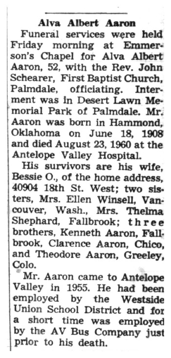 Aaron,   Alva Albert obituary