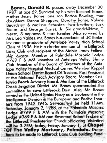 Bones, Donald Raymond obituary