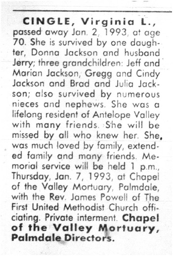 Cingle, Virginia Lee obituary