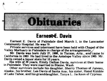 Davis,   Earnest Elmer obituary