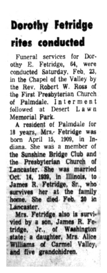 Fetridge, Dorothy E. obituary