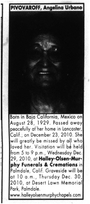Pivovaroff, Angelina obituary