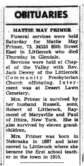 Primer, Mattie May obituary