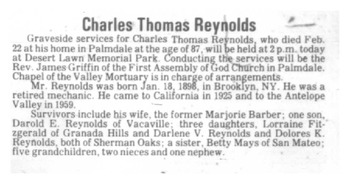 Reynolds,   Charles Thomas obituary