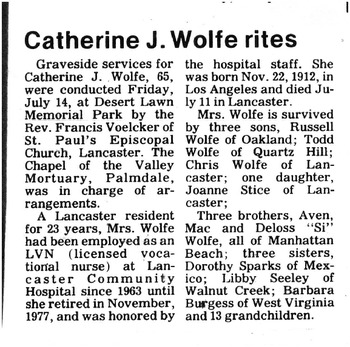 Wolfe,   Catherine Joanne obituary