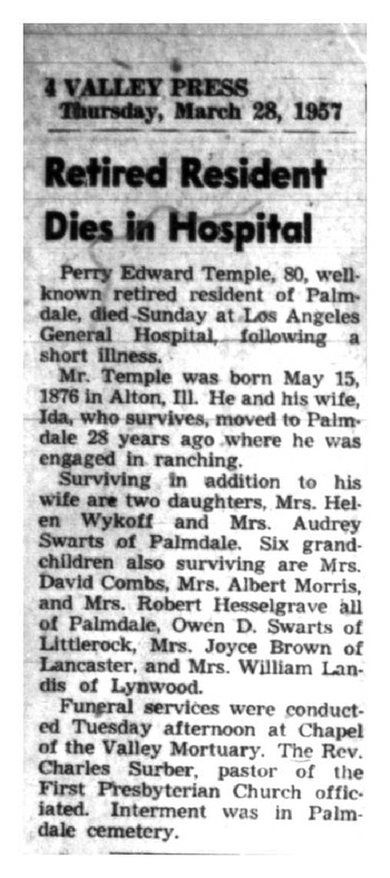 Temple,   Perry Edward obituary