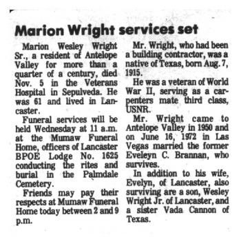 Wright,   Marion Wesley obituary