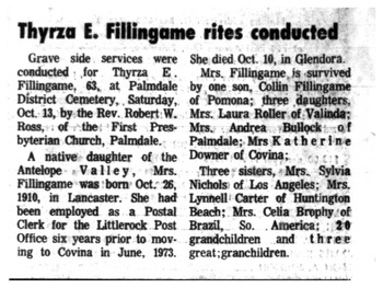 Fillingame, Thyrza Dale obituary