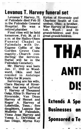 Harvey,   Lavanus True ('Van') obituary
