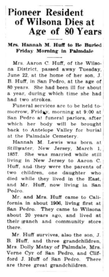 Huff,   Hannah M. obituary